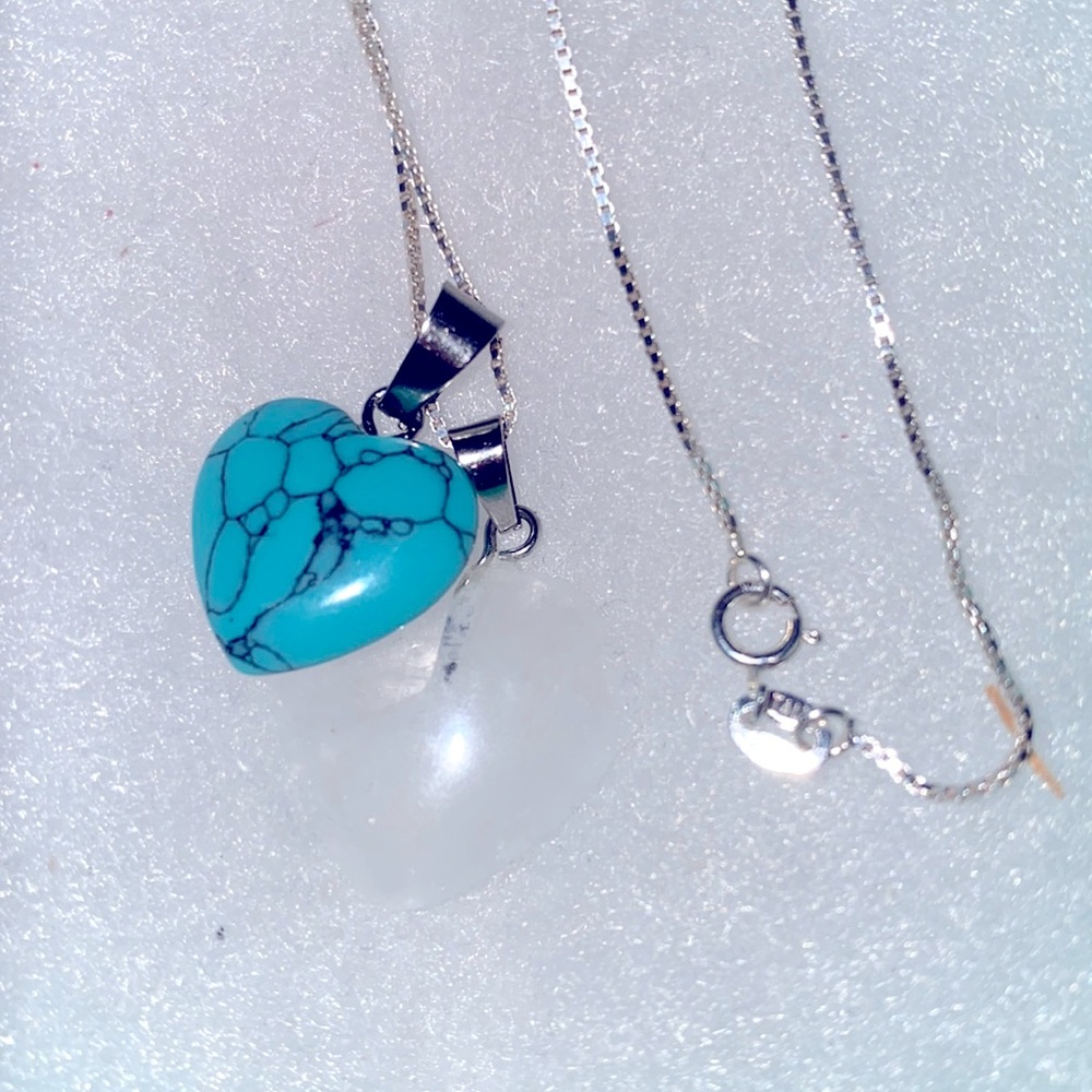 Boho hippie Quartz Crystal and Turquoise heart ❤️ Sterling Silver 16” …
